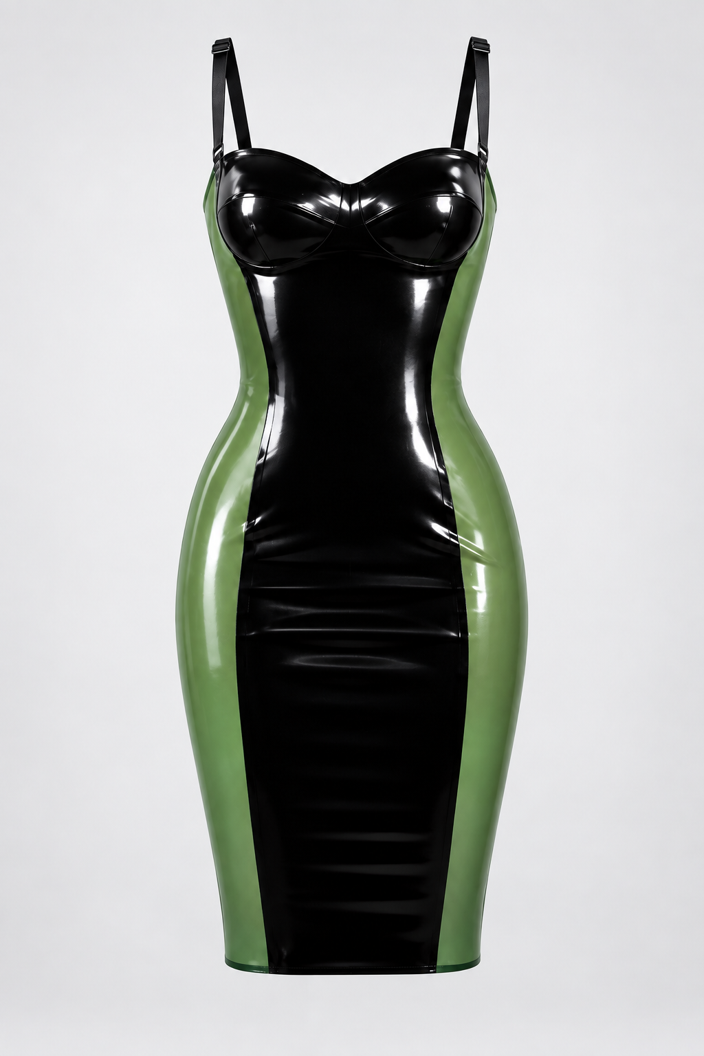 Black & Green Latex Dress with Sweetheart Neckline