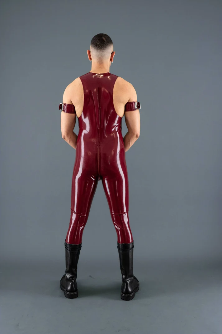 Men’s Sleeveless Latex Catsuit with Chest Zip – Red or Green