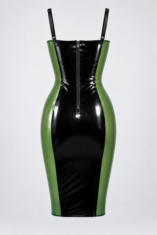 Black & Green Latex Dress with Sweetheart Neckline