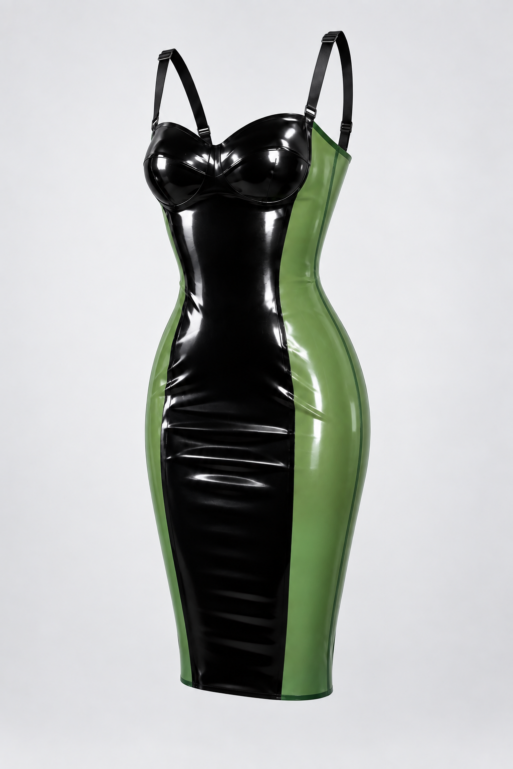 Black & Green Latex Dress with Sweetheart Neckline