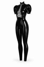 Black Lace-Up Latex Catsuit with Puff Sleeves