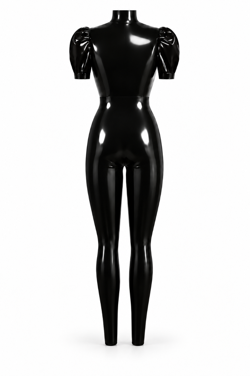 Black Lace-Up Latex Catsuit with Puff Sleeves